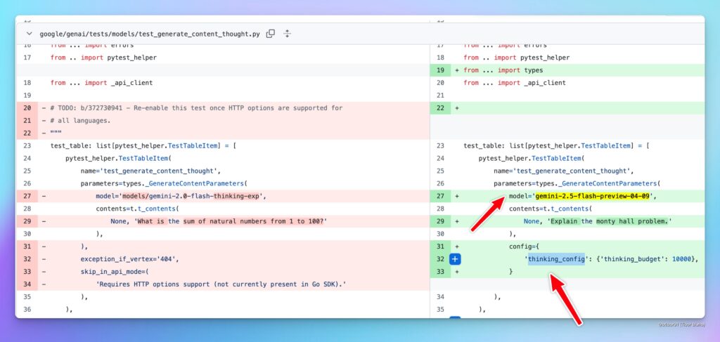 Screenshot of GitHub repository showing code snippet with ‘gemini-2.5-flash-preview-04-09’